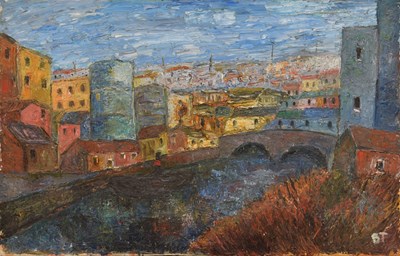Lot 362 - Barrington Tabb (British, 1934-2022) - Oil on canvas - 'Canal off Feeder Road, Bristol'