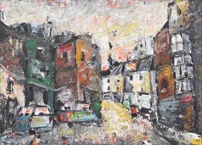 Lot 335 - Barrington Tabb (British, 1934-2022) - Oil on board - Denmark Street, Bristol