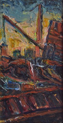Lot 375 - Barrington Tabb (British, 1934-2022) - Oil on board - City Docks, 1993