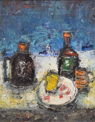 Lot 376 - Barrington Tabb (British, 1934-2022) - Oil on board - 'Still Life with Cheese and Bottles'