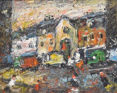 Lot 342 - Barrington Tabb (British, 1934-2022) - Oil on board - 'The Old Market, Bath'