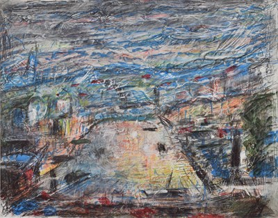 Lot 374 - Barrington Tabb (British, 1934-2022) - Mixed media - 'Light over city docks, Bristol'