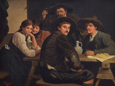 Lot 282 - F. Fournier after Franz Defregger, (Austrian, 1835-1921) - Oil on canvas - Tavern scene