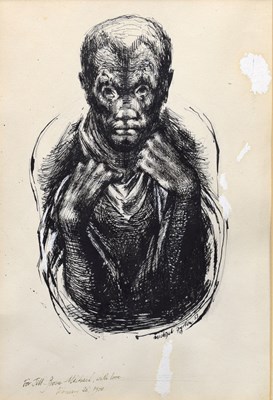 Lot 658 - Michael Ayrton (1921-1975) - Pen and Ink - Portrait of a man wearing a cloak