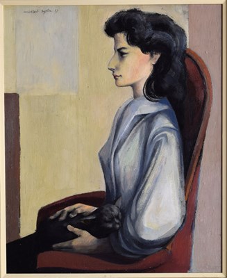 Lot 421 - Michael Ayrton (1921-1975) - Oil on panel - Portrait of Jill Pomerance holding a black cat