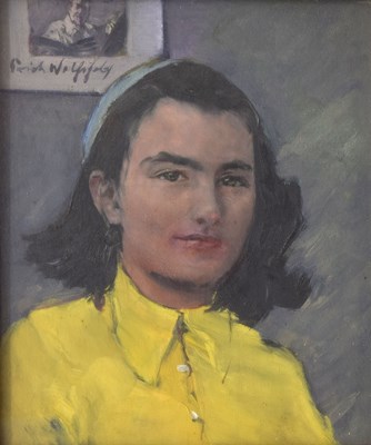 Lot 323 - Erich Wolfsfeld, ARE (German, 1885-1956) - Oil on panel - Portrait of Jill wearing a yellow dress
