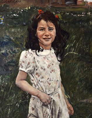 Lot 324 - Erich Wolfsfeld, ARE (German, 1885-1956) - Oil on canvas - Portrait of Jill in a white dress