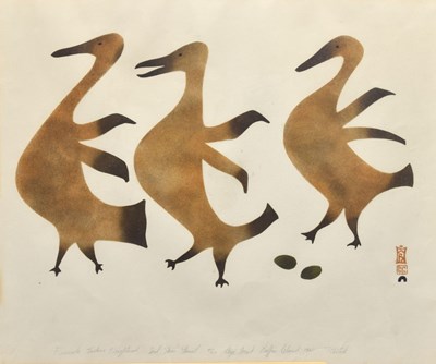 Lot 570 - Tikituk Qinnuayuak (Inuit, Cape Dorset, 1908-1992) - Seal skin stencil - Female Eiders Frightened