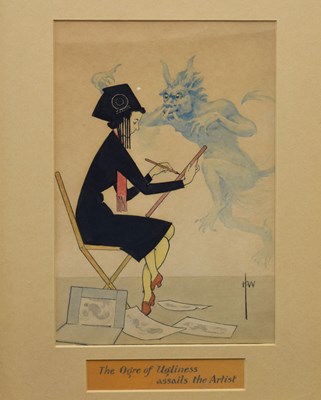 Lot 492 - Harry Warmsley (20th century) - Watercolour - 'The Ogre of Ugliness assails the artist'