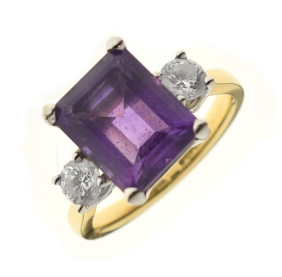 Lot 21 - Three stone amethyst and diamond 18ct gold ring
