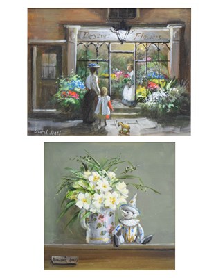 Lot 500 - Deborah Jones (1921-2012) - Two oils on board - Bessie's Flowers street scene and still life