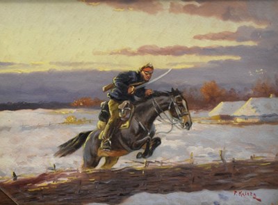 Lot 511 - 'F. Kalety' - oil on board - cavalryman or soldier on horseback riding through a snowy field