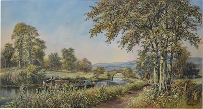 Lot 483 - Don Vaughan, (1916-2005) - Oil on canvas - Canal scene with barge