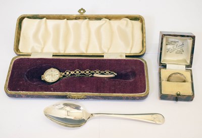 Lot 127 - Yellow metal cased lady's watch, a 9ct gold and silver eternity ring and a cased silver spoon