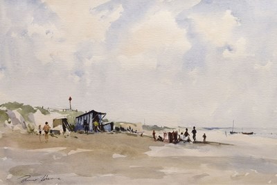 Lot 341 - Edward Wesson (British, 1910-1983) - Watercolour - 'The Beach Hut Norfolk'