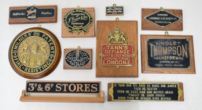 Lot 281 - Assorted collection of cast brass signs inc. '3d & 6d Stores' sign, Safe manufacturers etc.