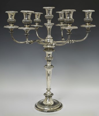 Lot 189 - Late 19th century silver plated six-branch, seven-light candelabrum