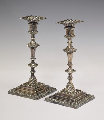 Lot 190 - Pair of 19th century silver plated candlesticks in the George II style