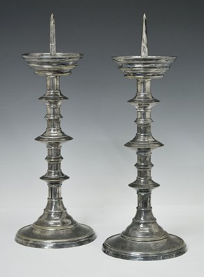 Lot 186 - Pair of large 19th century brass and silvered pricket candlesticks