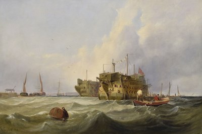Lot 298 - Follower of Clarkson Frederick Stanfield (British, 1793-1867) - Oil on canvas - 'Prison hulks on the Medway'
