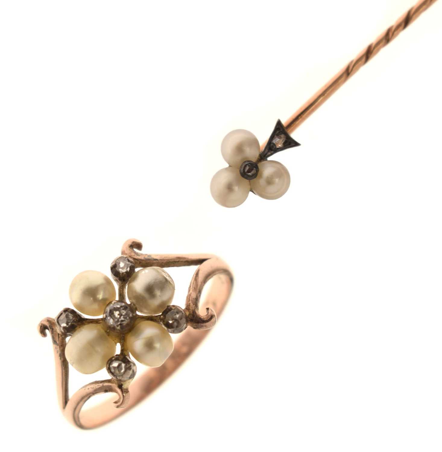 Lot 38 - 19th century pearl and diamond ring plus similar stick pin (2)