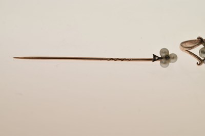 Lot 38 - 19th century pearl and diamond ring plus similar stick pin (2)