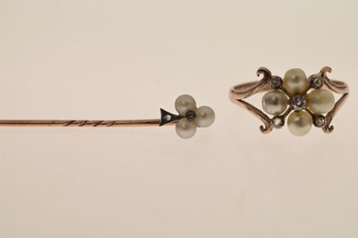Lot 38 - 19th century pearl and diamond ring plus similar stick pin (2)