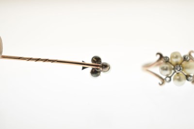 Lot 38 - 19th century pearl and diamond ring plus similar stick pin (2)