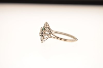 Lot 17 - Diamond, sapphire and emerald unmarked white metal cluster ring