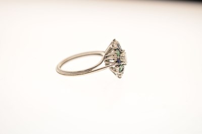 Lot 17 - Diamond, sapphire and emerald unmarked white metal cluster ring