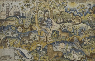 Lot 173 - English mid 17th century embroidered panel, 'Orpheus Charming the Animals'