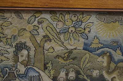 Lot 173 - English mid 17th century embroidered panel, 'Orpheus Charming the Animals'