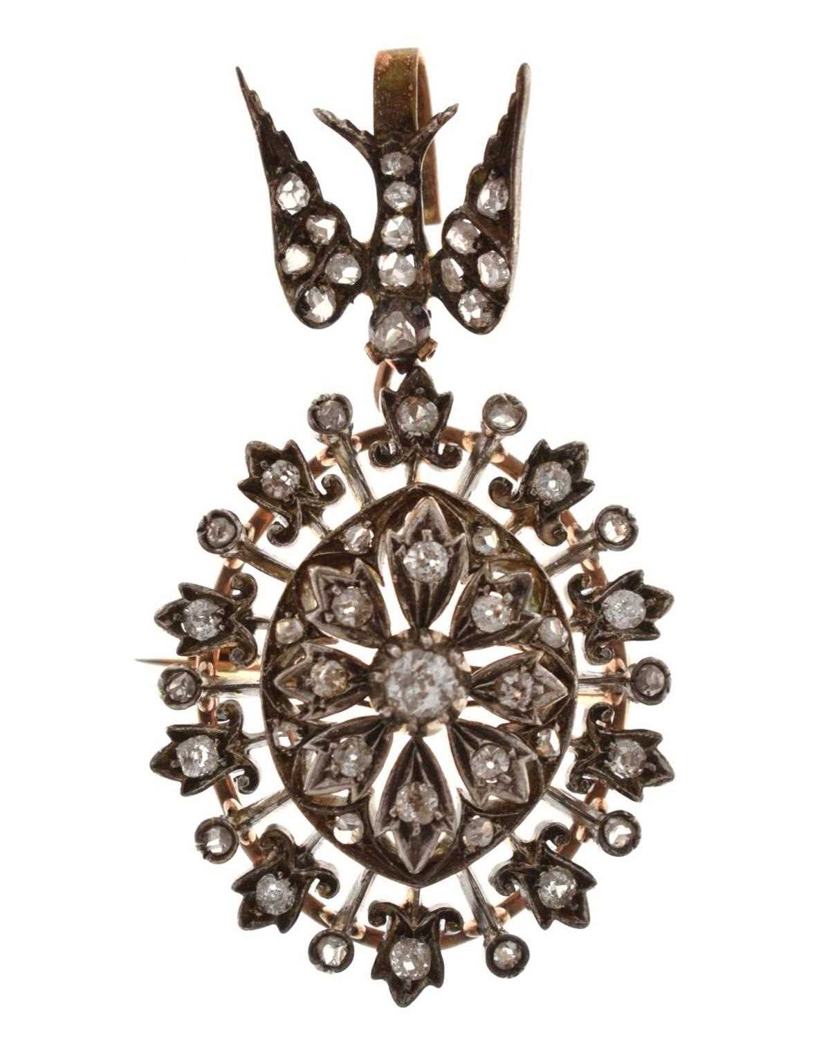 Lot 24 - 19th century old-cut diamond pendant brooch with swallow