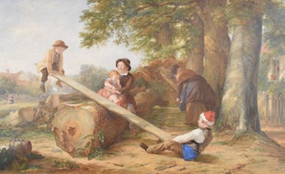Lot 497 - Circle of Thomas Webster, (1800-1866) - watercolour - 'The see-saw'