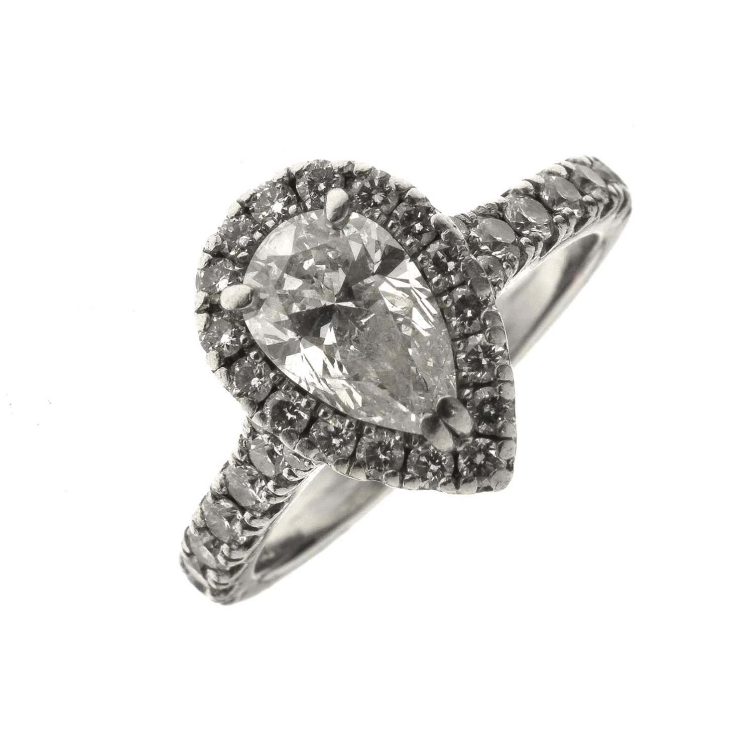 Lot 6 - Diamond pear shaped platinum halo ring with certificate