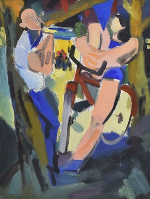 Lot 686 - Peter Laurent de Francia (Italian-British, 1921-2012) - Oil on linen - 'Couple with Red Bicycle'