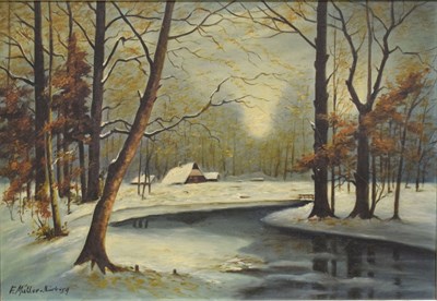 Lot 593 - F. Müller-Nürberg (20th century) - Oil on canvas - Winter woodland riverside scene
