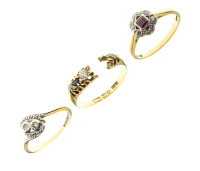 Lot 26 - Three 18ct gold diamond and gem set dress rings