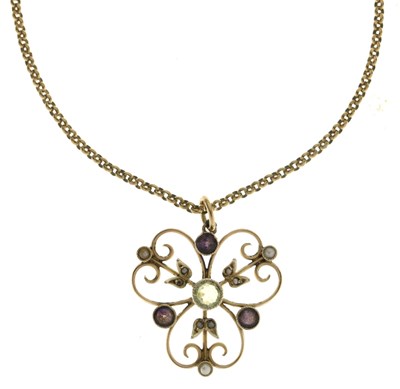 Lot 130 - Edwardian amethyst, peridot and seed pearl pendant necklace