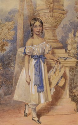 Lot 486 - 19th Century English School - watercolour - young girl before a funerary urn