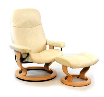 Lot 696 - Ekornes 'Stressless' cream leather swivel easy chair and matching footstool