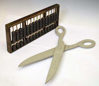Lot 294 - Pair of large painted wood shop display scissors, etc