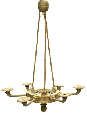 Lot 436 - Louis XVI style carved, painted and parcel gilt six-light wooden chandelier