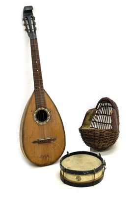 Lot 296 - Vintage wicker and leather fencing mask, etc