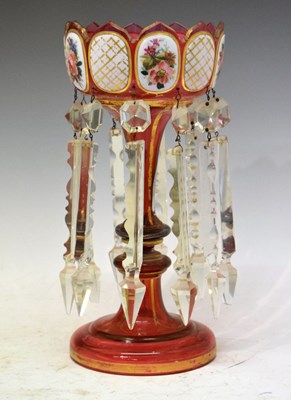 Lot 459 - Gilt cranberry glass table lustres with clear drops