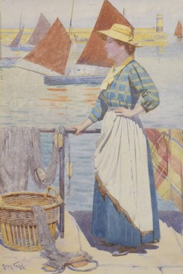 Lot 286 - Ralph Todd RA, Newlyn School (British 1856-1932), Watercolour - Lady at the Harbourside