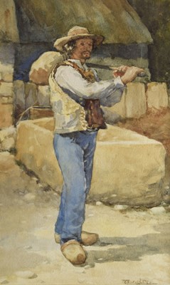 Lot 282 - Walter Langley (British, 1852-1922) - Watercolour - 'The Breton Water Carrier'