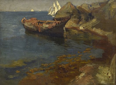 Lot 303 - Early 20th century Newlyn School - Oil on canvas - Moored ship wreck in a Cornish coastal cove