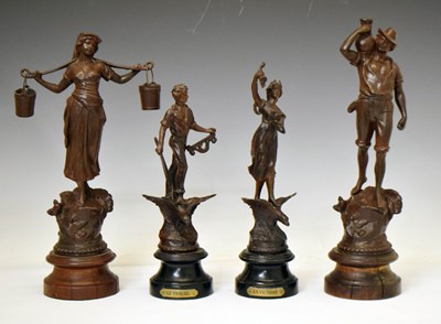 Lot 355 - Pair of early 20th century spelter figures of 'Le Travail' and 'Le Victoire'