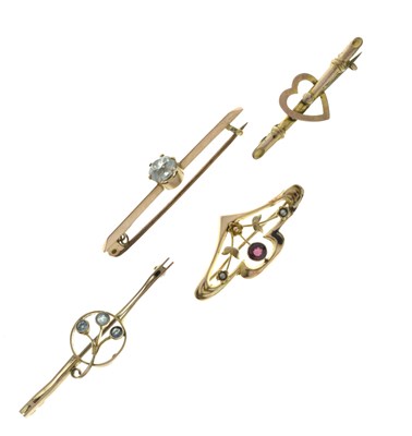Lot 125 - Edwardian garnet and seed pearl 9ct gold brooch and three others